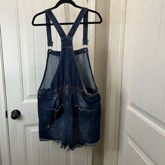 No Boundaries Shortall Womens XXL Blue Denim Bib Overalls Shorts Cuffed Hem - Picture 4 of 8